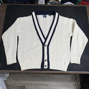 Gap Cardigan Sweater Large White Cable Knit V Neck Preppy Navy Teddy Tennis